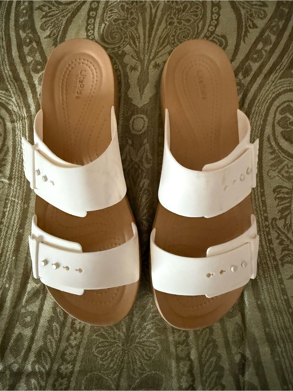 CROCS White Double-Strap Slide Sandals with Tan Footbed